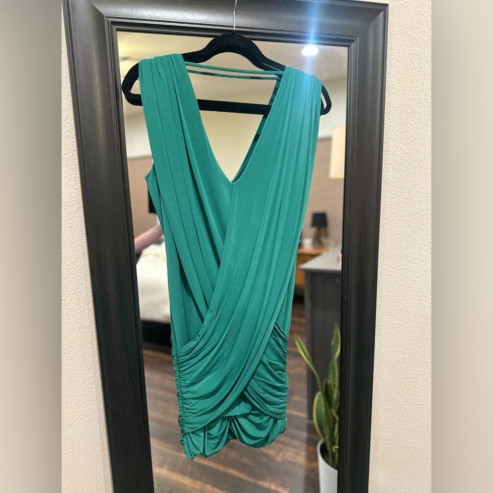 BCBGMaxAzria Emerald Green Draped V-Neck Mini Dress